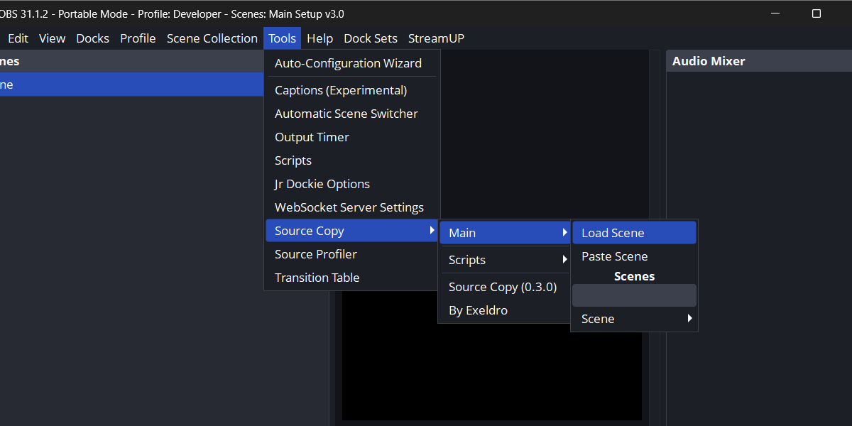 Source Copy menu in OBS. Tools > Source Copy > Main > Load Scene